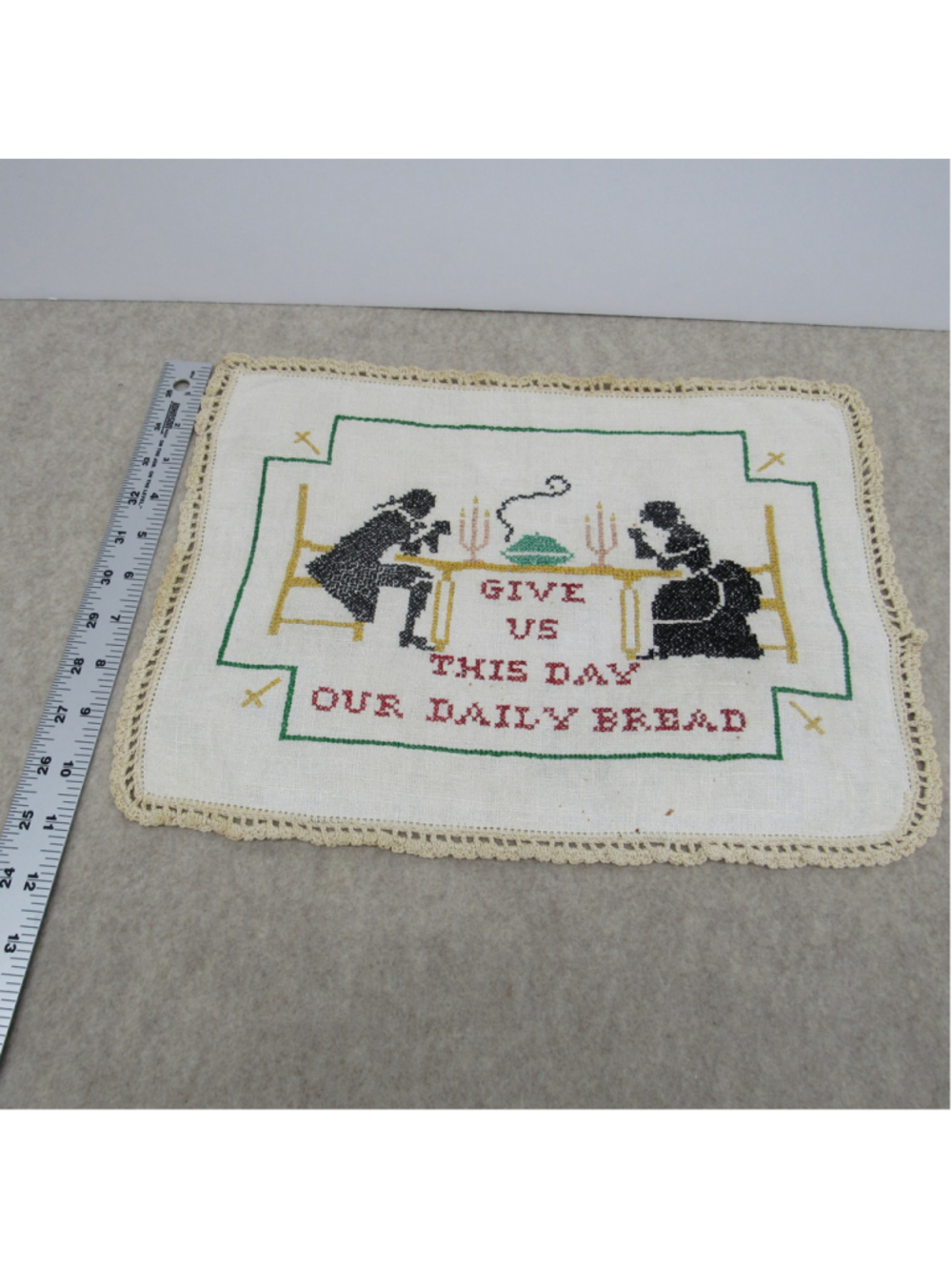 Vtg Our Daily Bread Cross Stitch Sampler Silhouette Colonial Farmhouses
